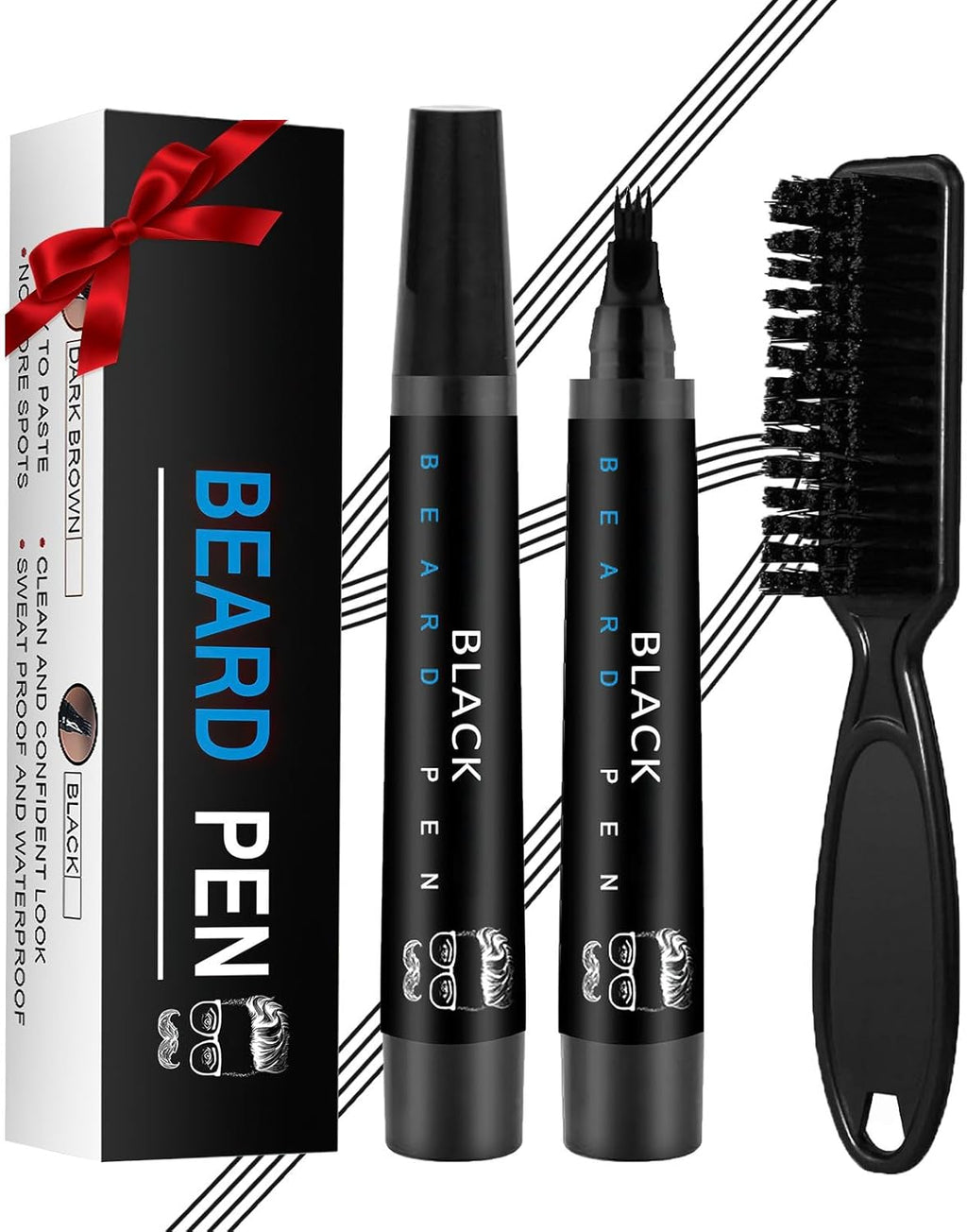 Beard Pencil Filler for Men Black - Beard Pen with Brush, Barber Pencil Smudge-proof & Water-proof Grooming Kit for Men Creating Natural Beard Color, Gifts for Men (Black)