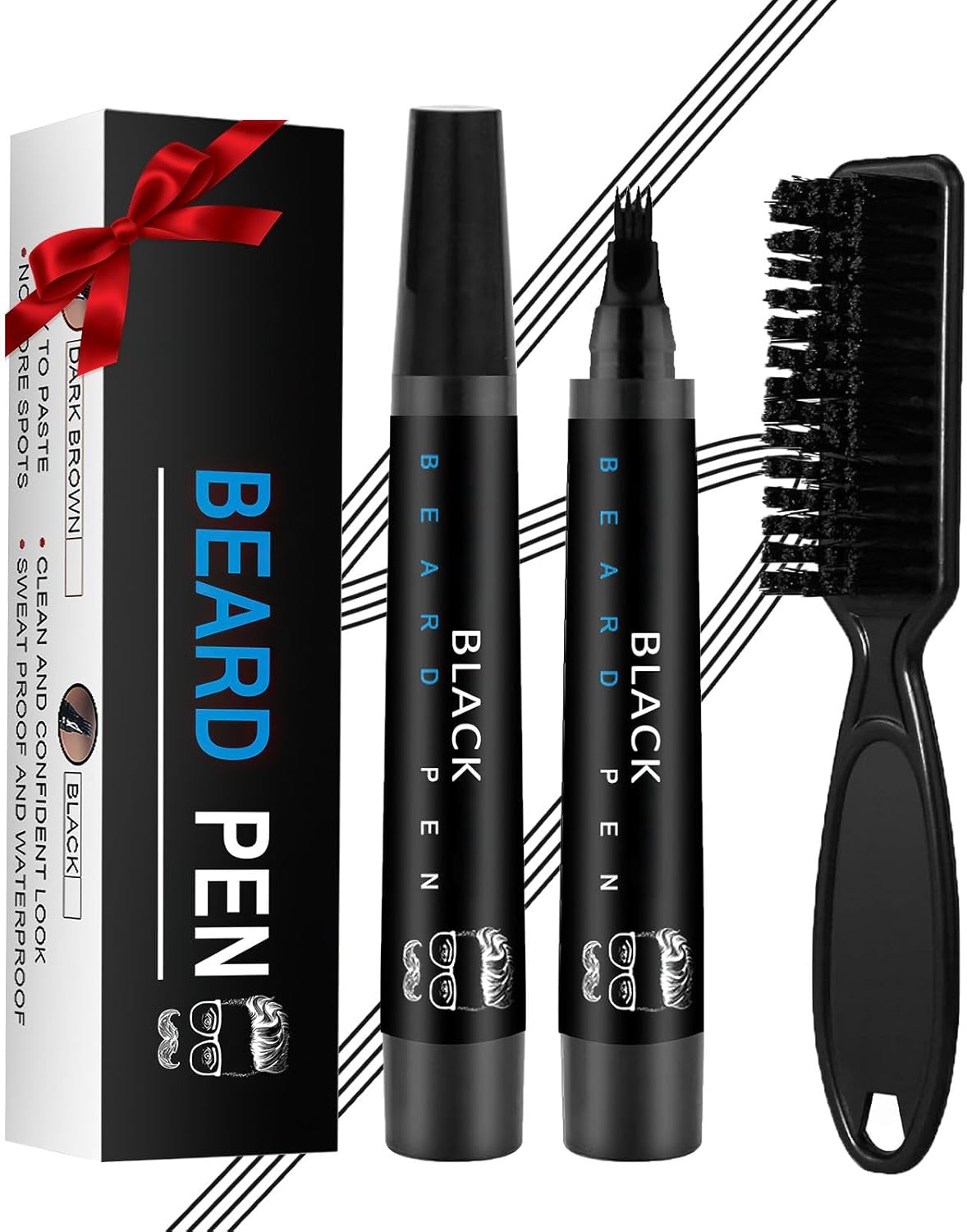 Beard Pencil Filler for Men Black - Beard Pen with Brush, Barber Pencil Smudge-proof & Water-proof Grooming Kit for Men Creating Natural Beard Color, Gifts for Men (Black)