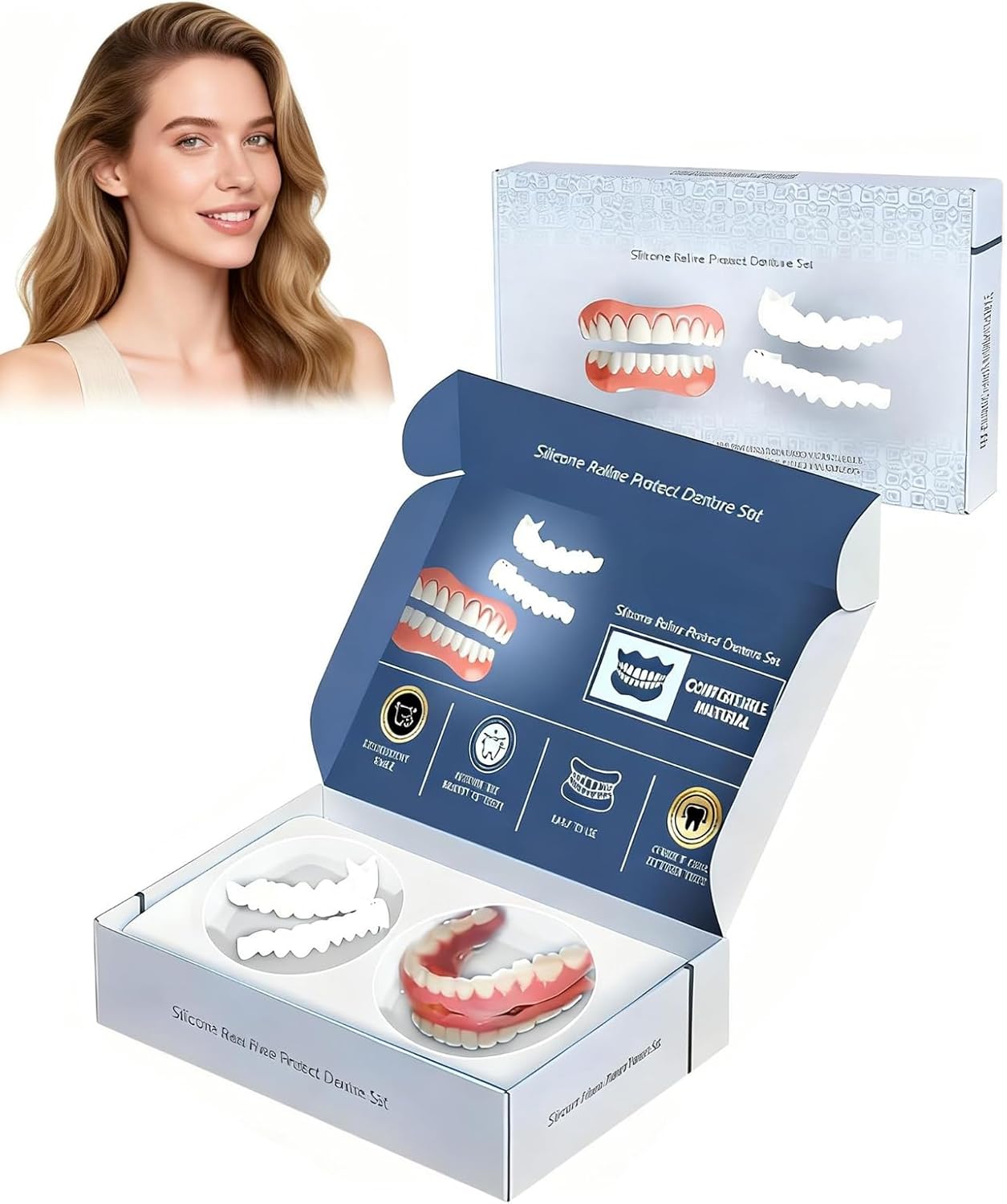 Full Set of Silicone Dentures, Veneers Snap in Teeth, Clip on Moldable Dentaduras Postizas Ajustables Temporary for Women Men