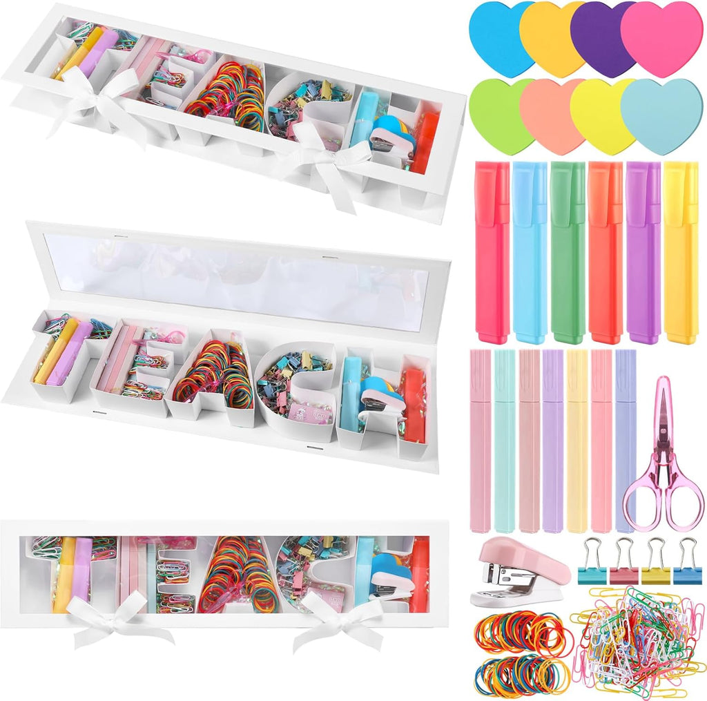 AmazingSpark Teacher Appreciation Gift Box with Stationery Thank You Gifts for Teacher Teach Letter Box with Heart Sticky Note Highlighter Stapler Scissors Paper Clips for School