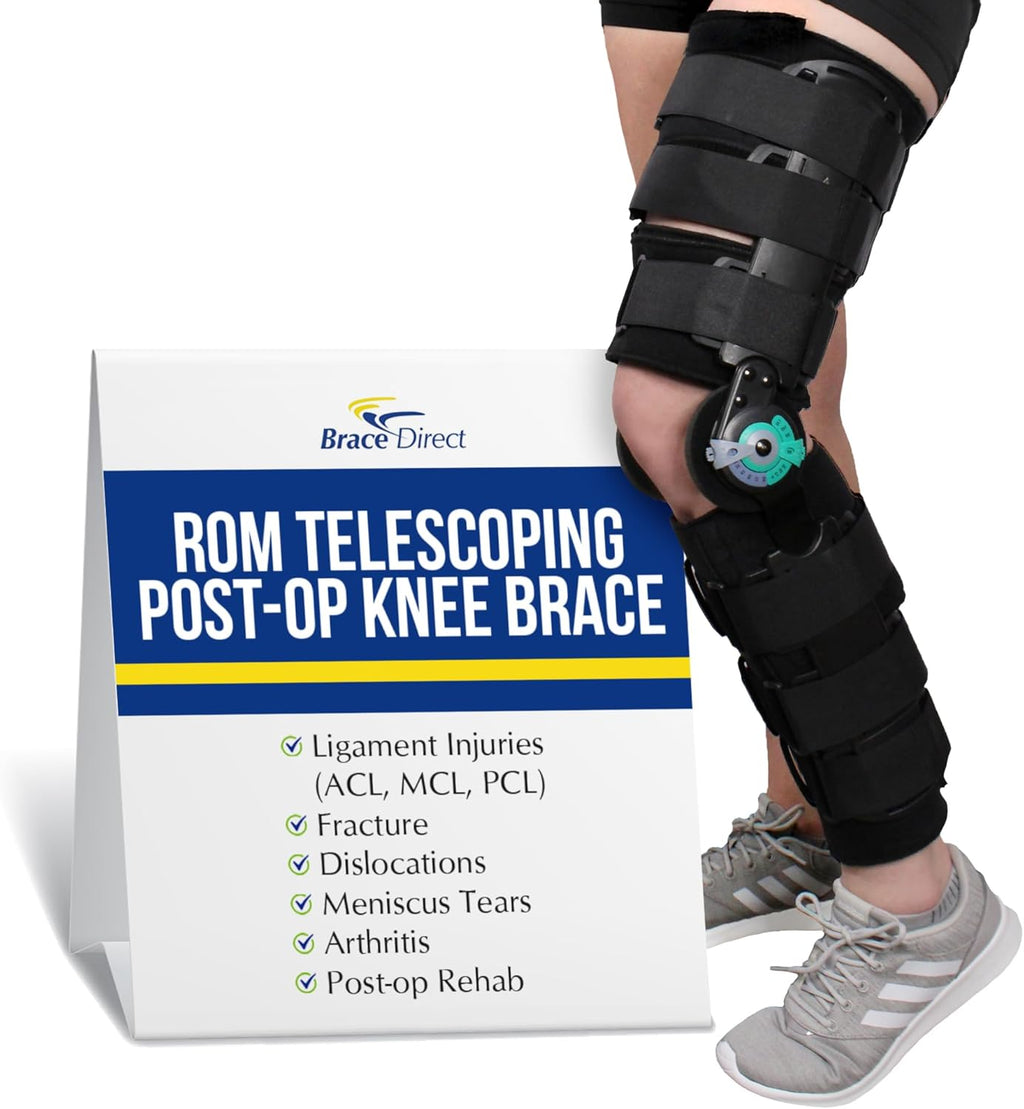 Brace Direct Post-Op ROM T-Scope Knee Brace - Telescoping Range of Motion Hinged Knee Support for ACL, MCL, PCL, Meniscus & Fracture Surgery Recovery Universal Fit (Thigh ≤ 28″, Calf ≤ 16″)