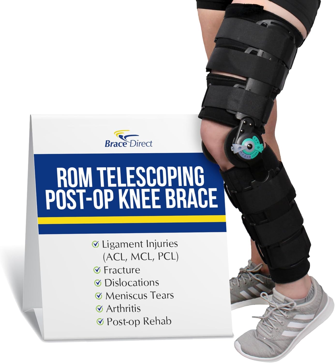 Brace Direct Post-Op ROM T-Scope Knee Brace - Telescoping Range of Motion Hinged Knee Support for ACL, MCL, PCL, Meniscus & Fracture Surgery Recovery Universal Fit (Thigh ≤ 28″, Calf ≤ 16″)