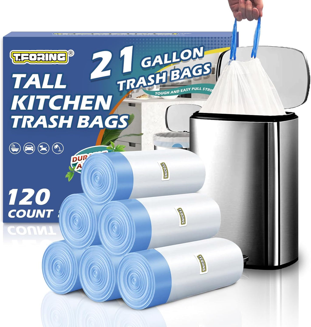 21 Gallon Trash Bags Drawstring 120 Count, 1.7 Mil White Garbage Bags Unscented,Easy-Dispense Roll for Kitchen & Household Use, Code G,79.5 L