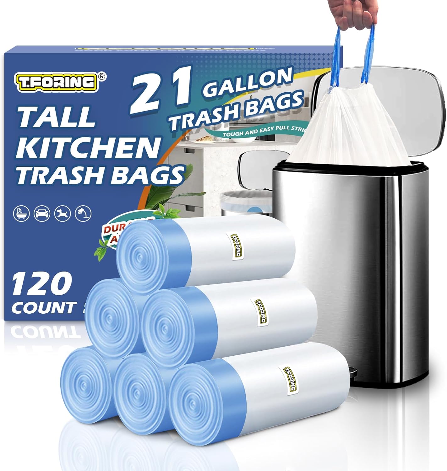 21 Gallon Trash Bags Drawstring 120 Count, 1.7 Mil White Garbage Bags Unscented,Easy-Dispense Roll for Kitchen & Household Use, Code G,79.5 L