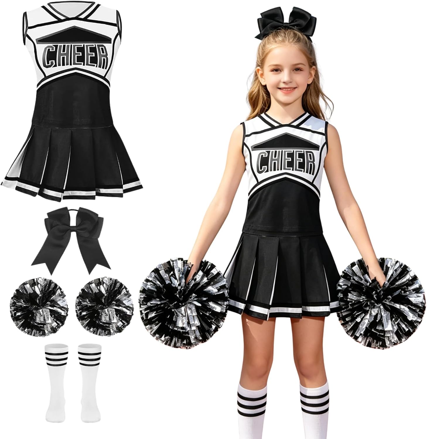 Girls Cheerleading Costume Classic Kids Cheerleader Uniform 5PCS Cheer Outfit Halloween Cosplay
