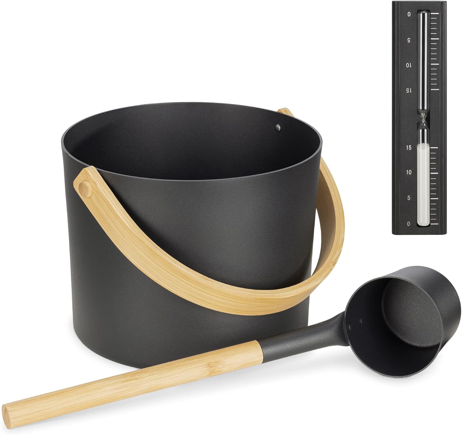 Navaris Black Sauna Kit - Essential Spa Accessory with Aluminum Sauna Bucket Ladle, Sand Timer - Set of 3 Accessories for Steam Room