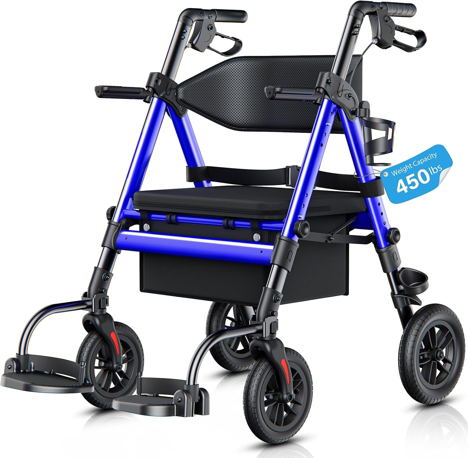 Walkers for Seniors 2 in 1 Wheelchair Combo, 450 lb Foldable Rollator Transport Chair with Seat, Heavy Duty Rolling Walker 10" Wheels for All Terrain, Blue