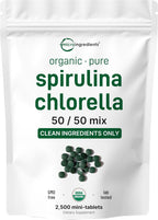 Micro Ingredients Organic Spirulina Chlorella Mini Tablets, 2,500 Tablets (8 Month Supply) | 50/50 Blend Superfood | Cracked Cell Wall for Better Absorption | Rich in Vegan Protein & Chlorophyll