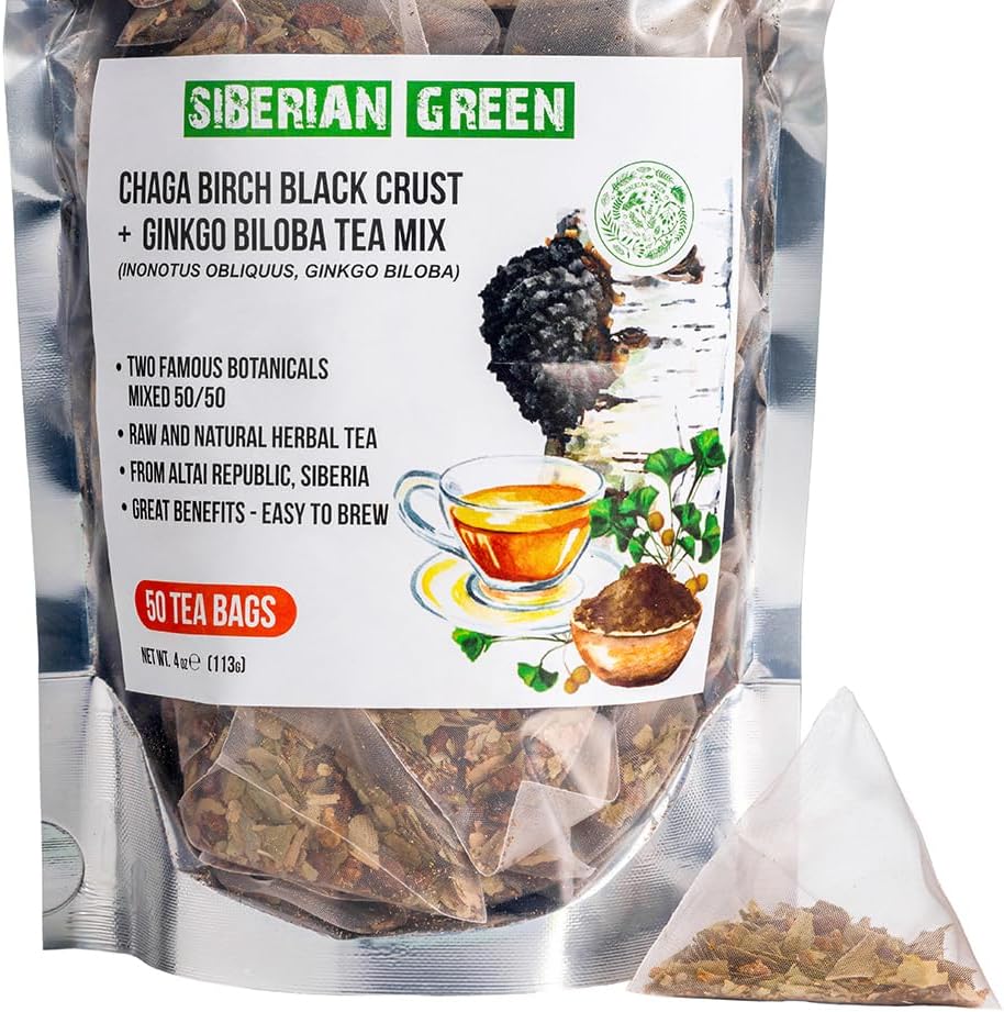 Siberian Green Ginkgo Tea with Chaga Tea Birch Black Crust – 50Pcs Natural Pure Tea Bags for Energy Support – Non-GMO, No Fillers – Chaga Mushrooms Infusion Bags Rich in Flavonoids, Antioxidants