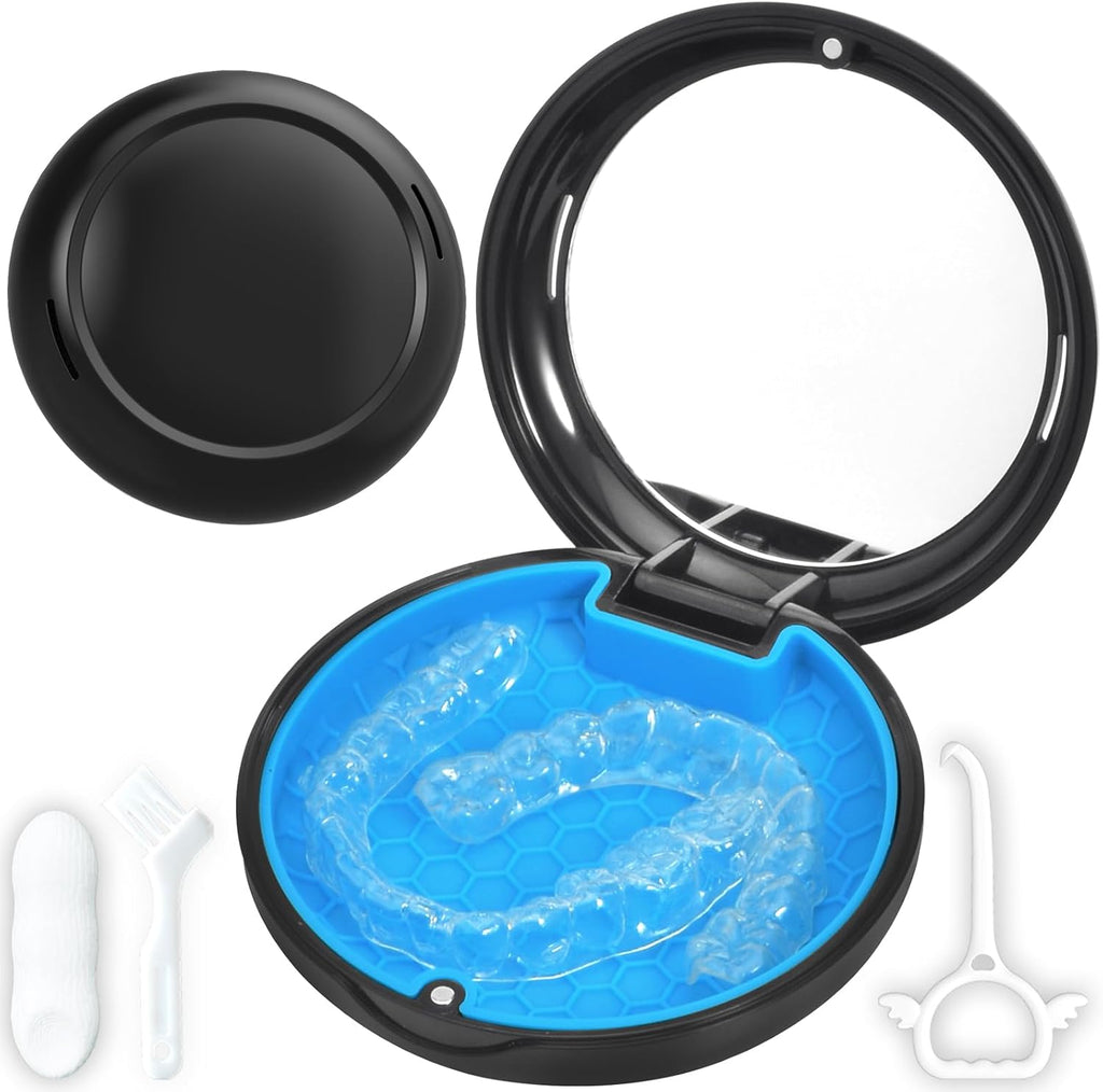 Retainer Case with Mirror,Slim Aligner Case with Vent Holes,Cute Night Mouth Guard Box,Retainer Removal Tool and Brush (Black Blue)