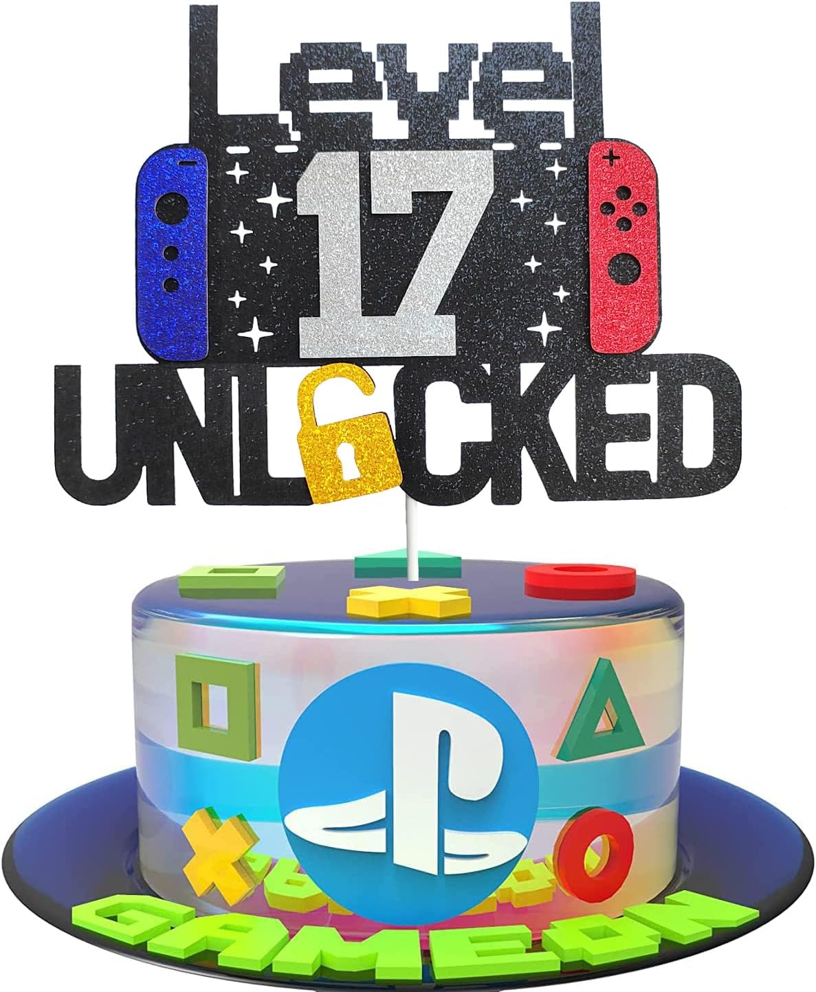 Happy 17th Birthday Video Game Cake Topper Level 17 Unlocked Cake Topper for Boys Girls 17-Years-Old Birthday Party Decoration (17)