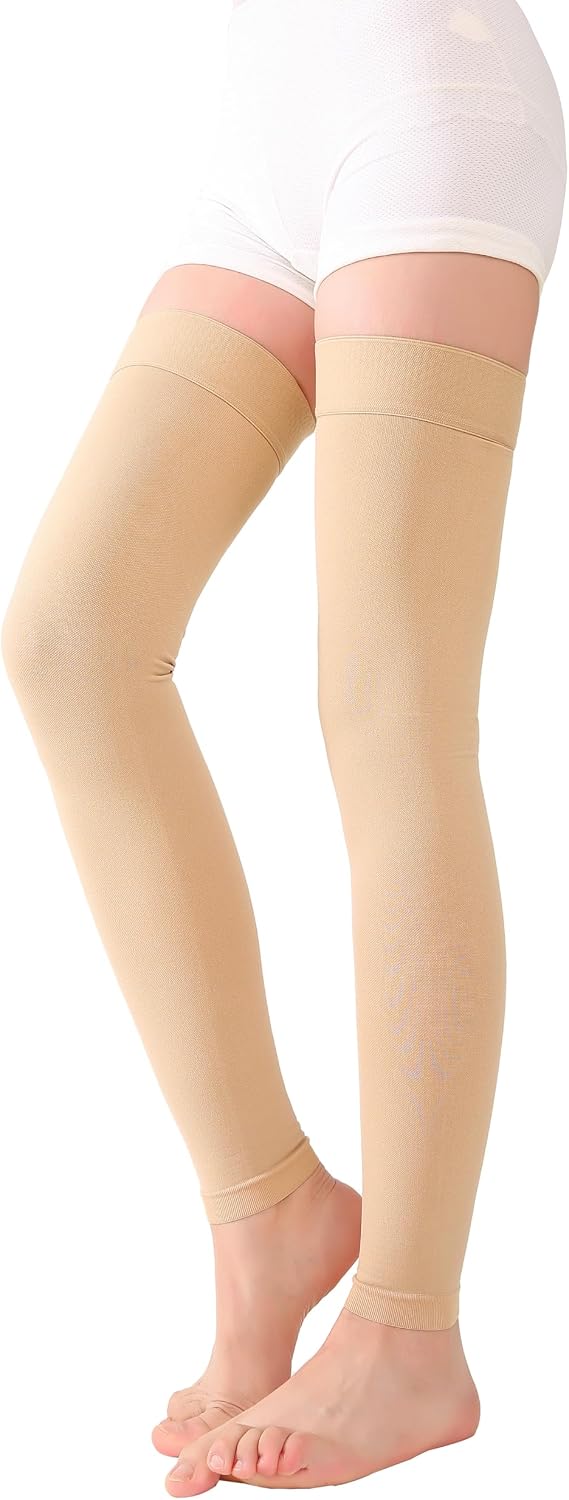 TOFLY® Medical Thigh High Compression Stockings Footless for Women & Men, Opaque Support Hose, 20-30mmHg Graduated Compression Socks with Silicone Band for Varicose Veins, Edema, DVT, 1 Pair Beige M