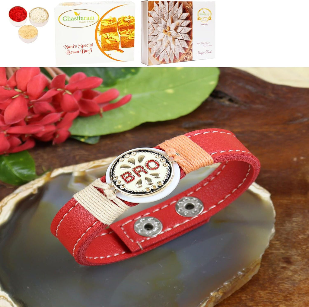 Ghasitaram Gifts Jaiccha Rakhi for Brother Rakhis Online PRK24-012 Premium Rakhi with 200 gms of Besan Barfi and 200 gms of Kaju Katli