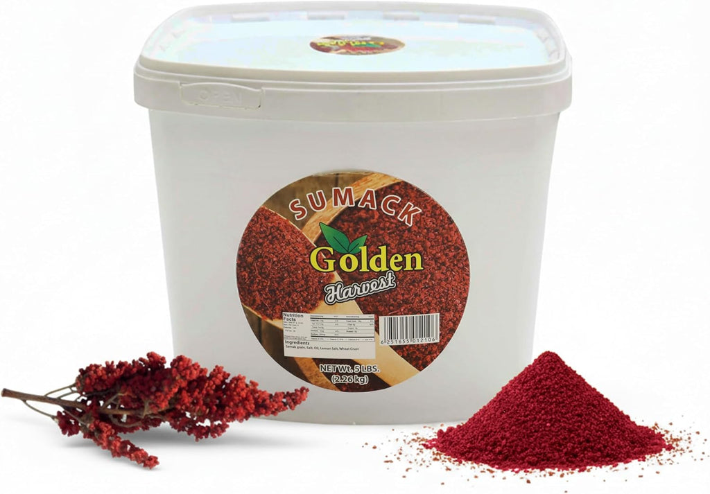 Golden Harvest Sumac Spice Powder | Non GMO | Tangy Lemon Like Taste | Ground Sumac Spice | Perfect For Seasoning, Salads, Marinades, Mediterranean & Middle-Eastern Cuisine, 5lbs (2.26kg) Bulk Pack