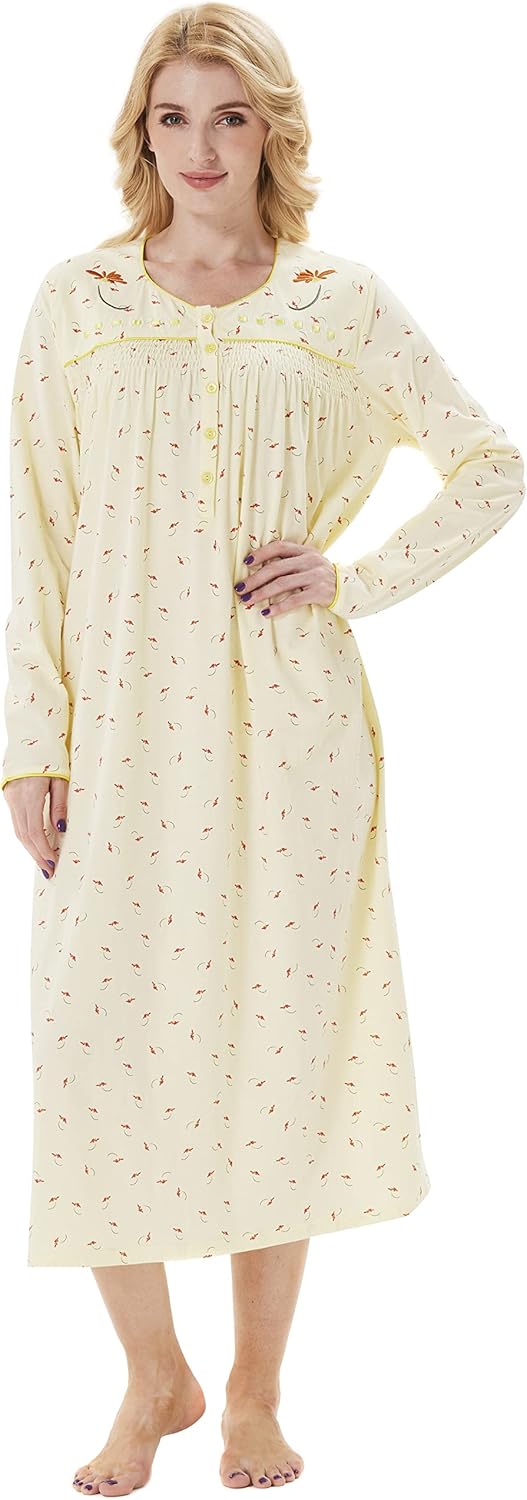 Keyocean Nightgowns for Women, Soft Cotton Comfy Lightweight Embroidered Long-sleeve Nightdress