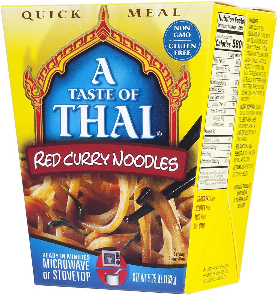 A Taste of Thai Red Curry Noodles |Heat & Eat Instant Noodle | Flavored with Authentic Thai Sauce - Non-GMO, Gluten Free, Trans Fat Free- Perfect Side for Chicken, Fish & Meat Entrees| 6 Pack (5.75oz)