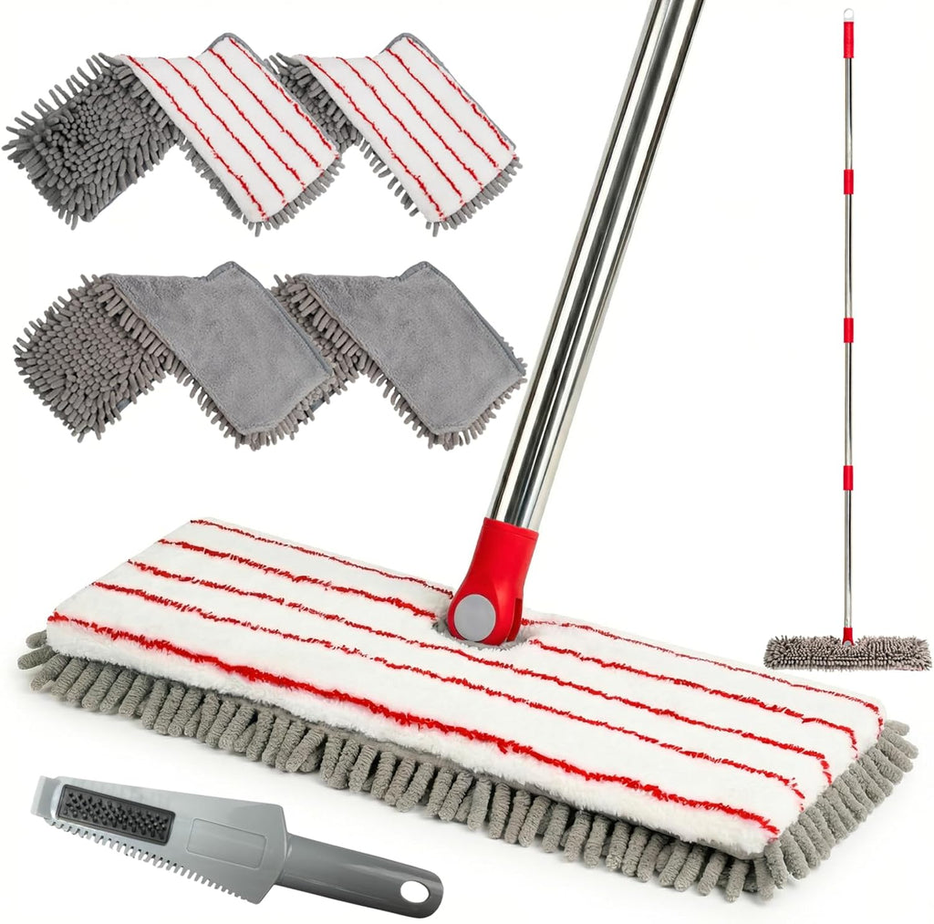 Microfiber Mops for Floor Cleaning, Flat Dust Mop with 4 Washable Pads, Dual-Sided Flip Mop for Wet & Dry Use, Extendable 62’’ Handle with Scraper, Floor Mops for Hardwood,Laminate,Vinyl,Kitchen,Tile