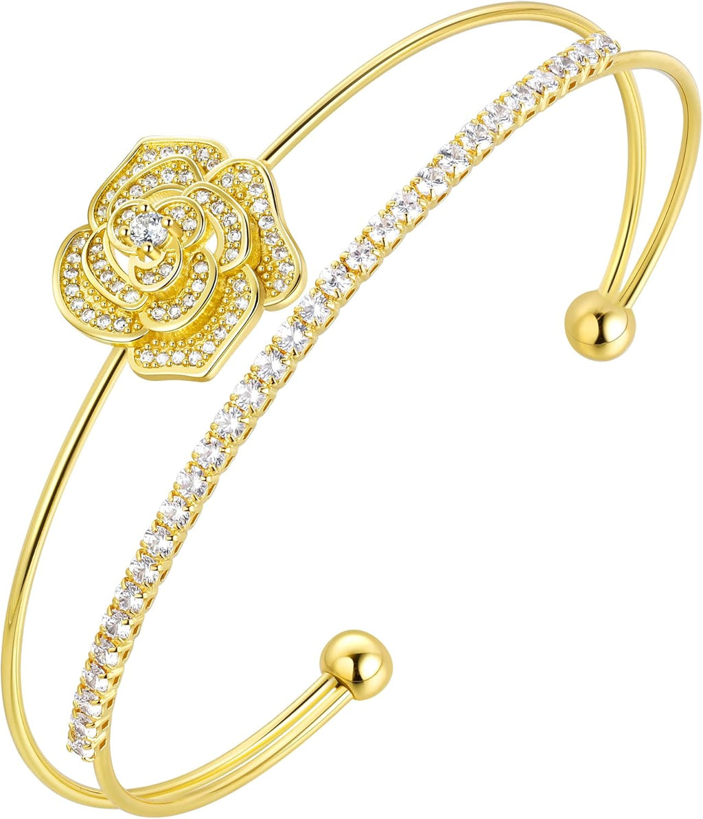 Rose Bracelet with Zircon 18K Gold/Silver Plated Adjustable Cuff Bangle Flower Bracelets Jewelry for Women CB0015