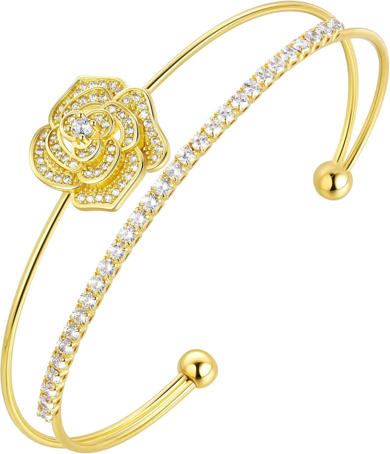 Rose Bracelet with Zircon 18K Gold/Silver Plated Adjustable Cuff Bangle Flower Bracelets Jewelry for Women CB0015