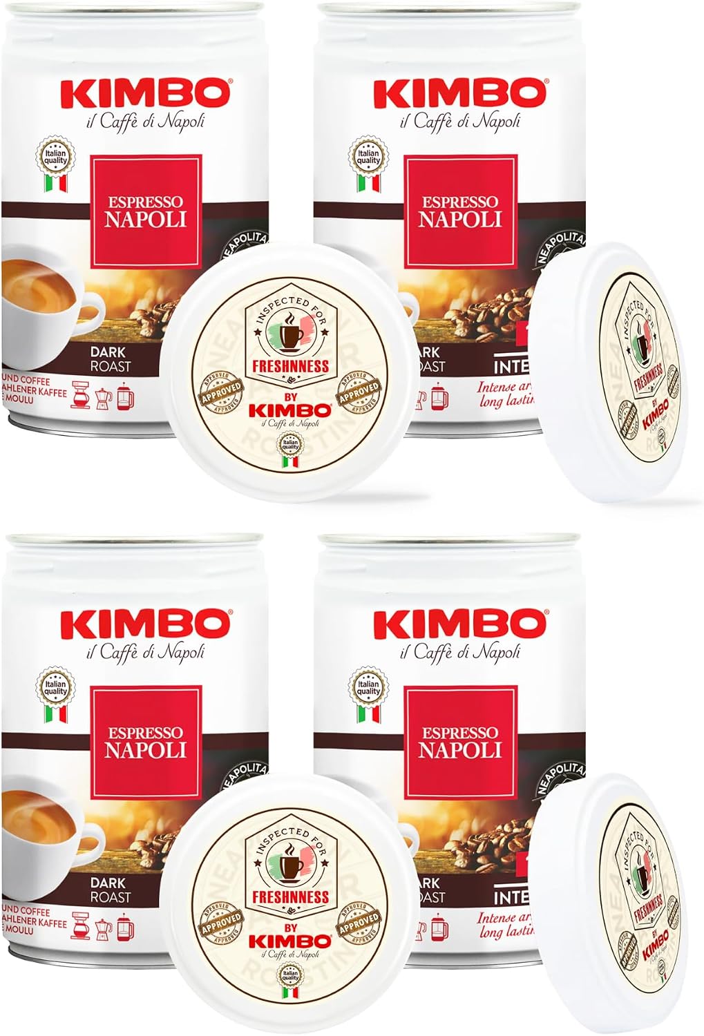 Kimbo Espresso Napoli Ground Coffee | Dark Roast | 10/13 Intensity | Intense Aroma & Long Lasting Flavor | 8.8 oz Cans - Pack of 4