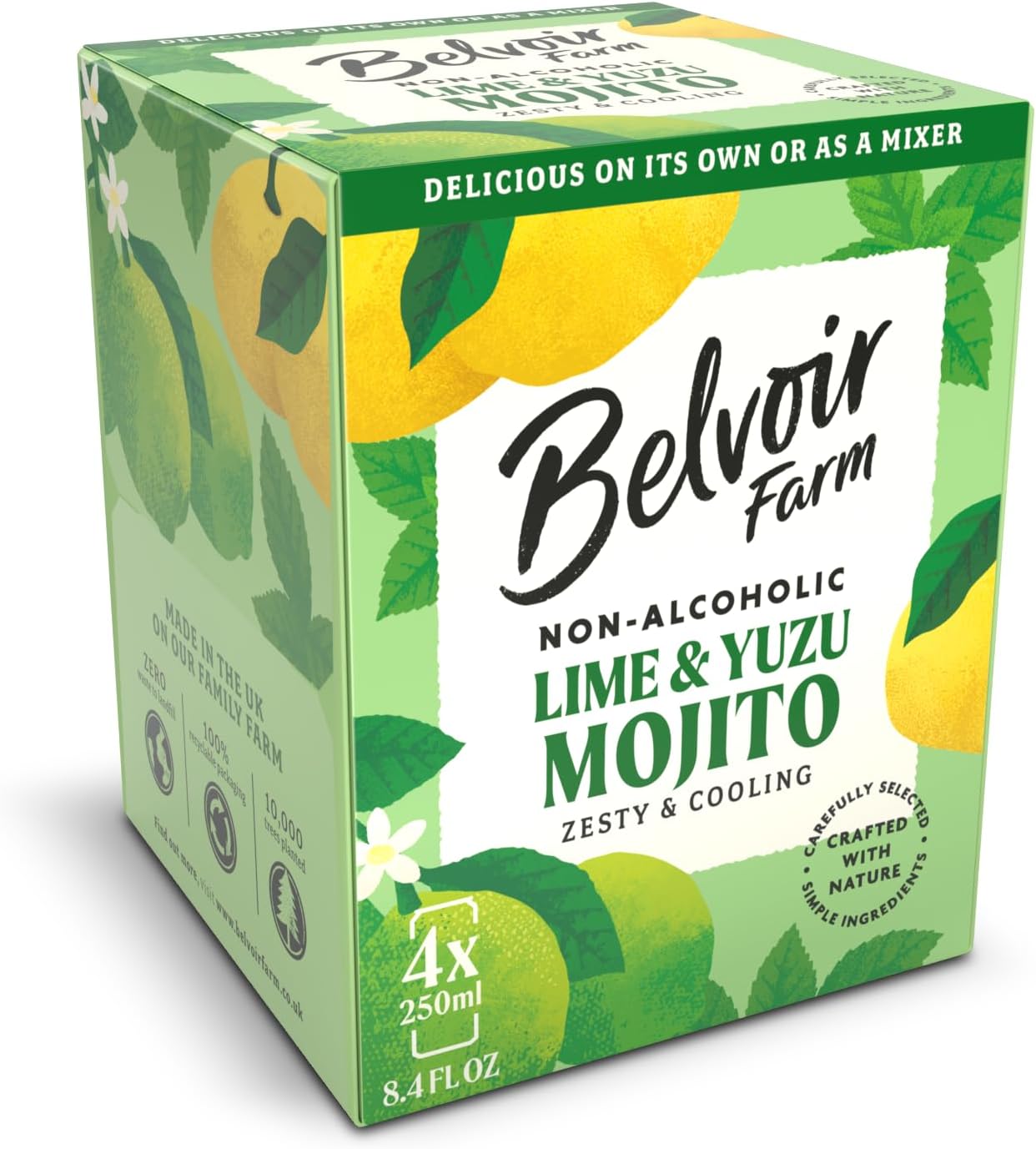 Belvoir Farm Non Alcoholic Lime & Yuzu Mojito 4-Pack of 8.4oz Cans – Refreshing Natural Beverage with a Hint of Fizz, Artisanal Craftsmanship, Zero Sugar, Organic Ingredients. Ready to Enjoy.