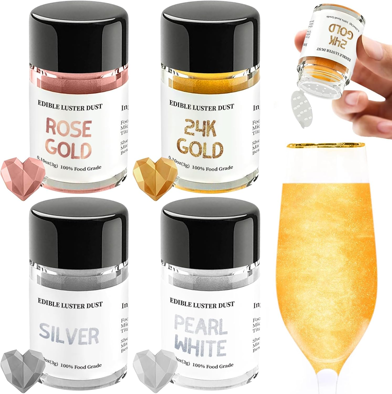 4 Colors Luster Dust Edible Set, INOCERIS Luster Dust Set for Cocktails, Drinks, Baking, Beverages, Cakes, Strawberries, Cookies, Fondant, Vegan 3g Food Grade Drink Glitter