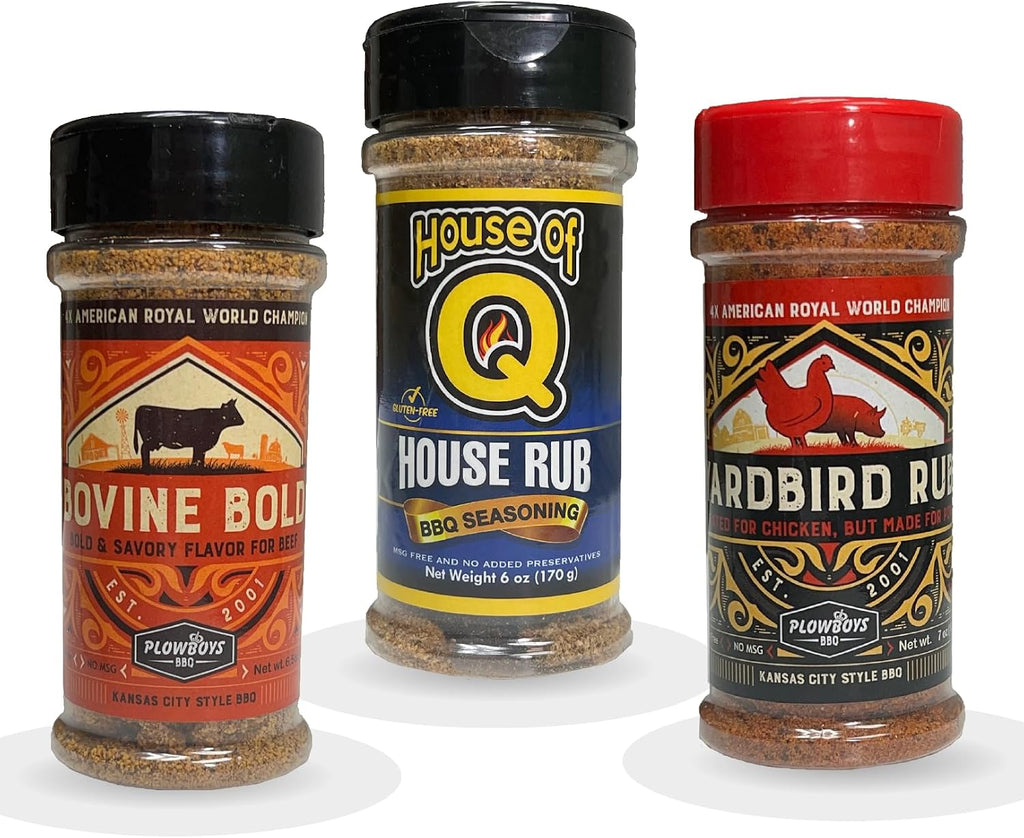 Plowboys and House of Q BBQ Rub Pack Gift Set Yardbird, House of Q House Rub, Bovine Bold Versatile Steak, Pork, Chicken, Beef, Veggies Seasoning Ideal for BBQ Fans 3 Pack, 5 to 6oz Each Pinnacle Mercantile
