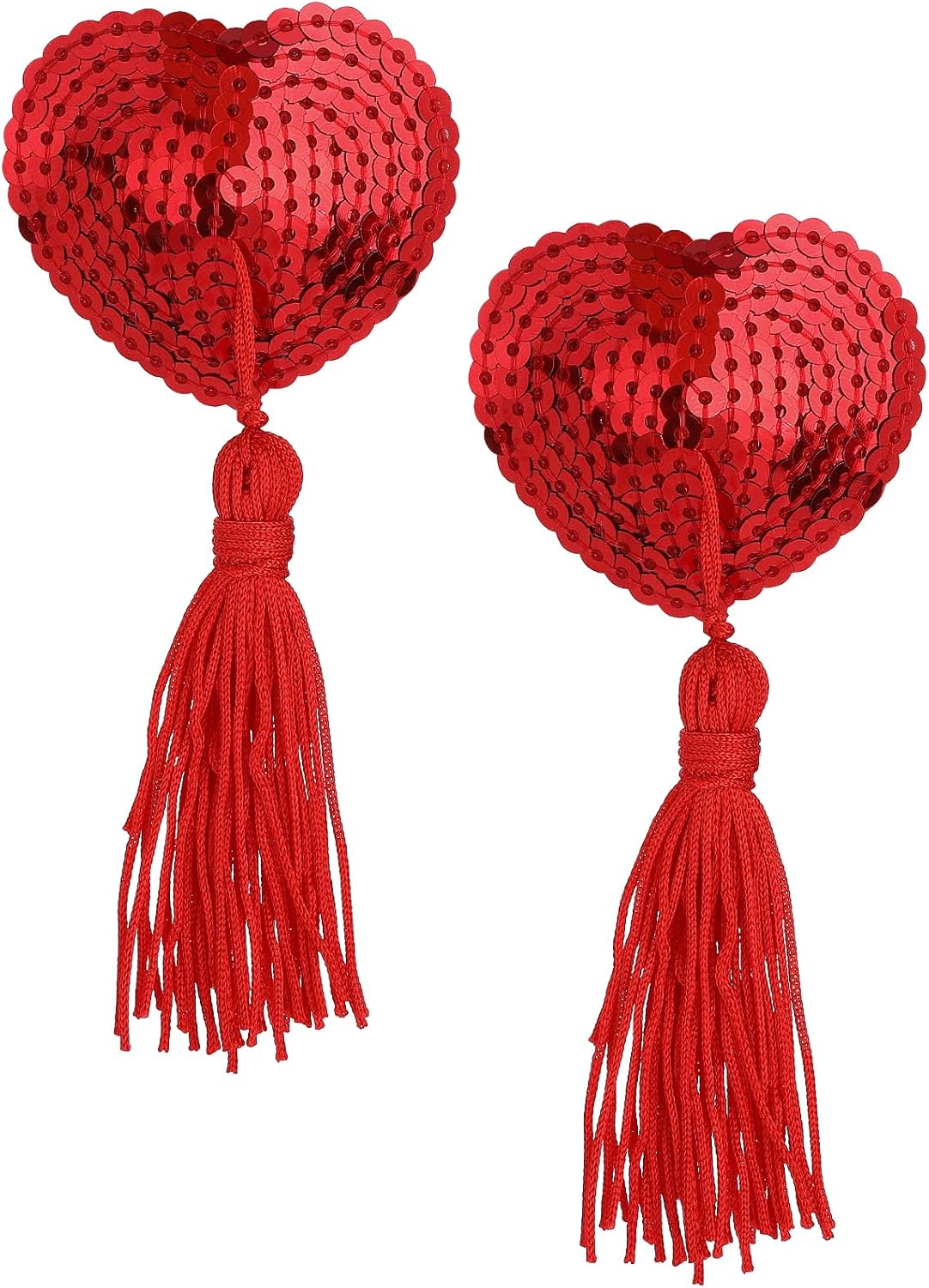 Women Breast Pasties Halloween Reusable Nipple Stickers Cover Adhesive Heart-Shaped Breast Bra with Sequins Tassel (Red)