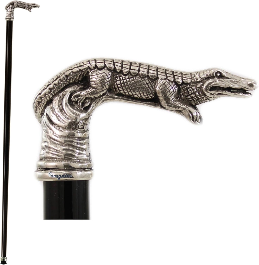 HandMade Italy Walking Cane in Customized Wood and Solid Pewter Crocodile Handle for Elegant Man Ceremony Woman Elderly Gift Italian Artisan Quality, black