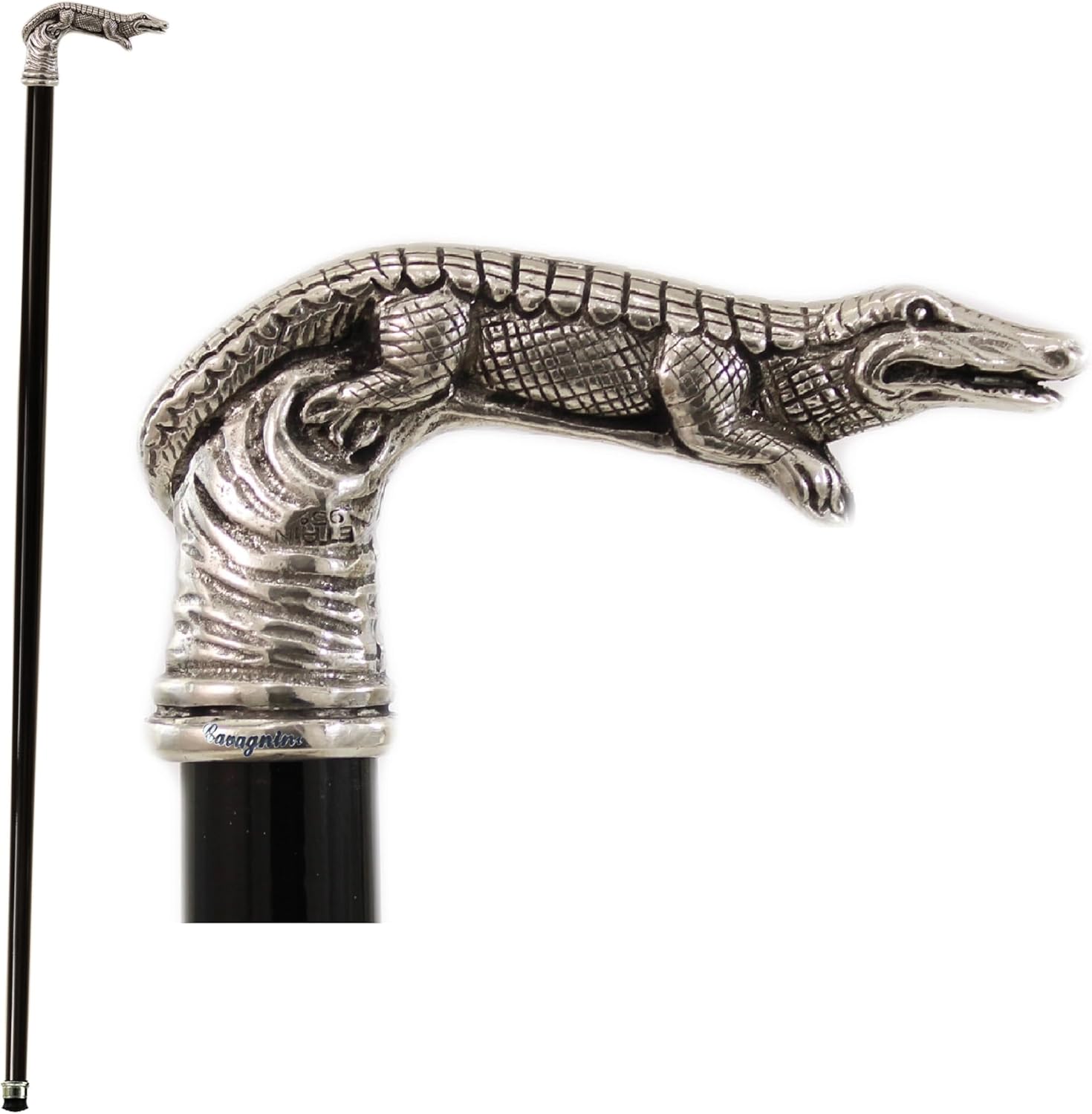 HandMade Italy Walking Cane in Customized Wood and Solid Pewter Crocodile Handle for Elegant Man Ceremony Woman Elderly Gift Italian Artisan Quality, black