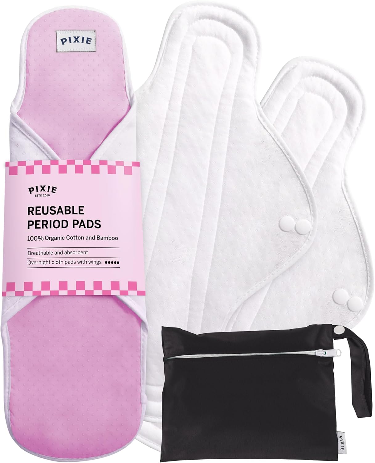 Pixie Organic Cotton Cloth Menstrual Pads - Reusable Overnight Absorbency 3 Pack - Certified Organic Cotton Top Layer - Snap Wings for Secure Fit - Machine Washable - Wet Bag Included