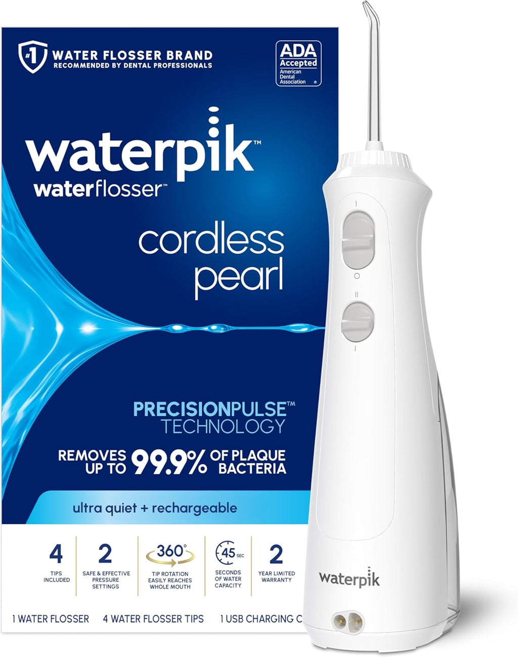 Waterpik Cordless Pearl Rechargeable Portable Water Flosser for Teeth, Gums, Braces Care and Travel, Extra Quiet, 4 Flossing Tips - ADA Accepted, WF-13 White, Amazon Exclusive