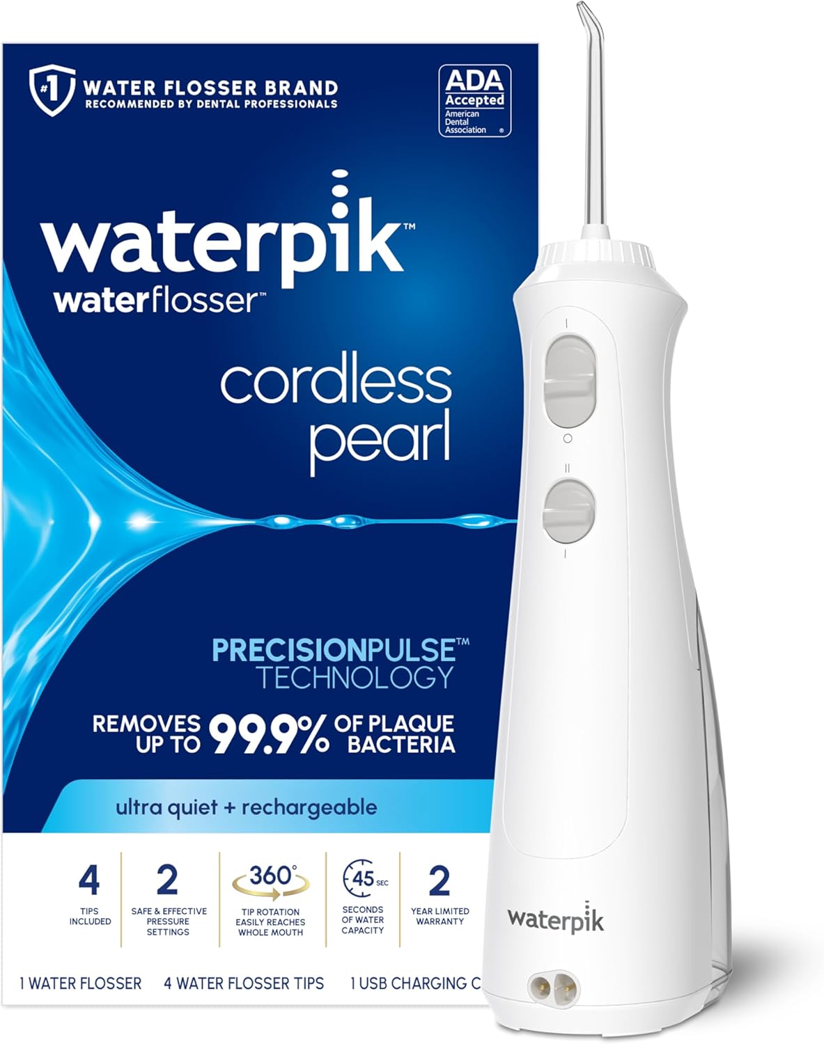 Waterpik Cordless Pearl Rechargeable Portable Water Flosser for Teeth, Gums, Braces Care and Travel, Extra Quiet, 4 Flossing Tips - ADA Accepted, WF-13 White, Amazon Exclusive