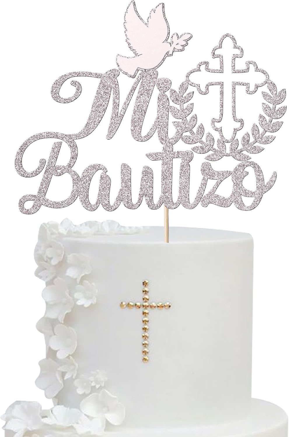 1 Pack Spanish Mi Bautizo Cake Topper Glitter Cross First Holy Communion Baptism Cake Pick Religious God Bless Baptism Cake Decoration for Baby Shower Birthday Party Supplies Silver