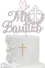 1 Pack Spanish Mi Bautizo Cake Topper Glitter Cross First Holy Communion Baptism Cake Pick Religious God Bless Baptism Cake Decoration for Baby Shower Birthday Party Supplies Silver