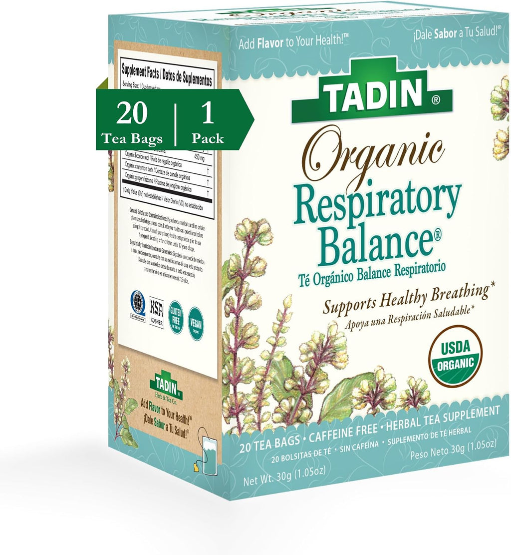 Tadin Organic Respiratory Tea, Caffeine Free Herbal Tea for Respiratory Support, 20 Tea Bags Per Box, Pack of 1