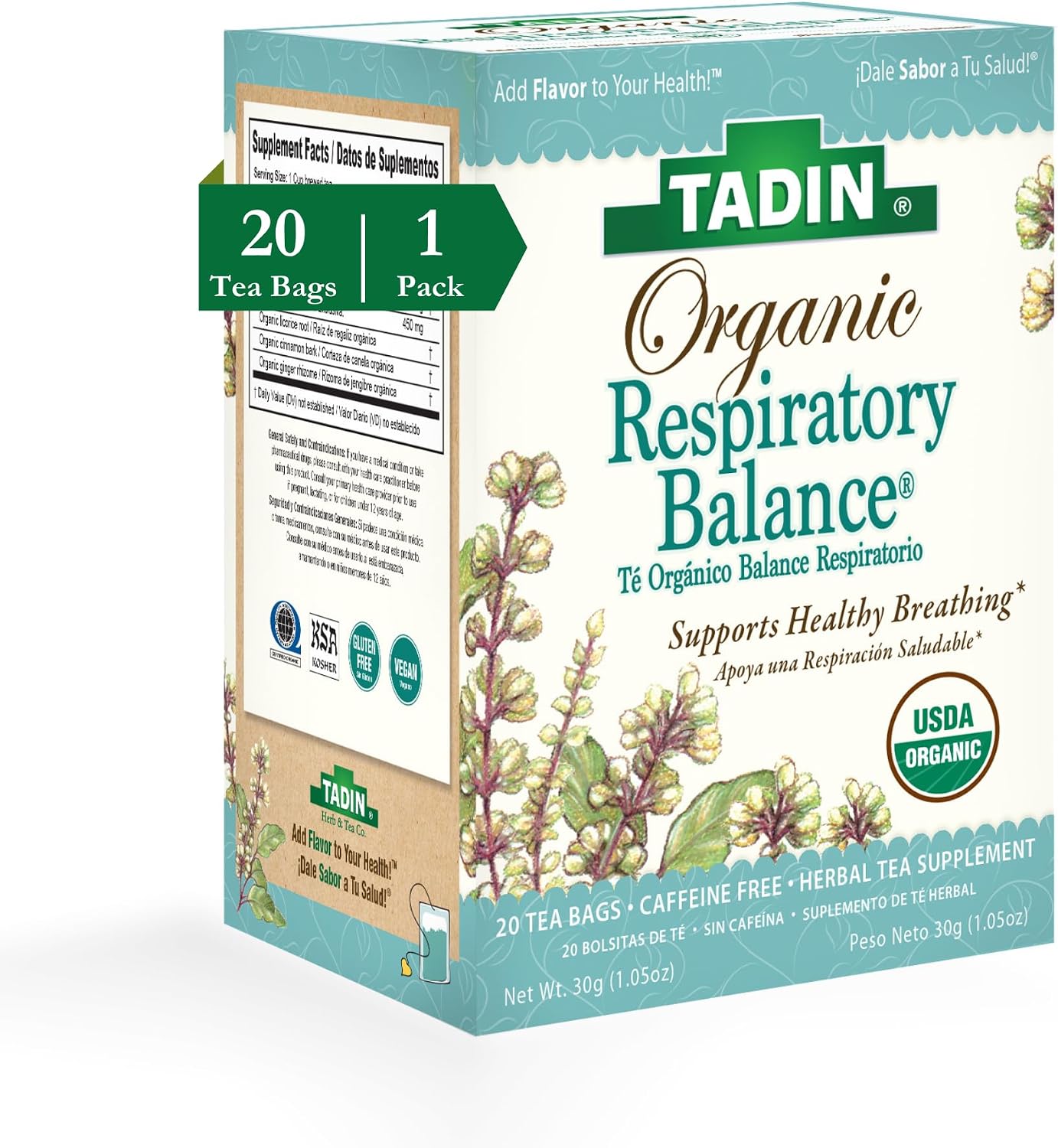Tadin Organic Respiratory Tea, Caffeine Free Herbal Tea for Respiratory Support, 20 Tea Bags Per Box, Pack of 1