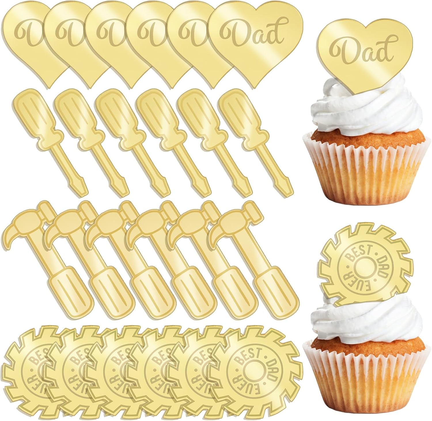 Father's Day Cupcake Toppers, 40Pcs Golden Mirror Happy Father's Day Cake Picks Acrylic Reflective Tool Theme Mixed Shaped Cake Charms