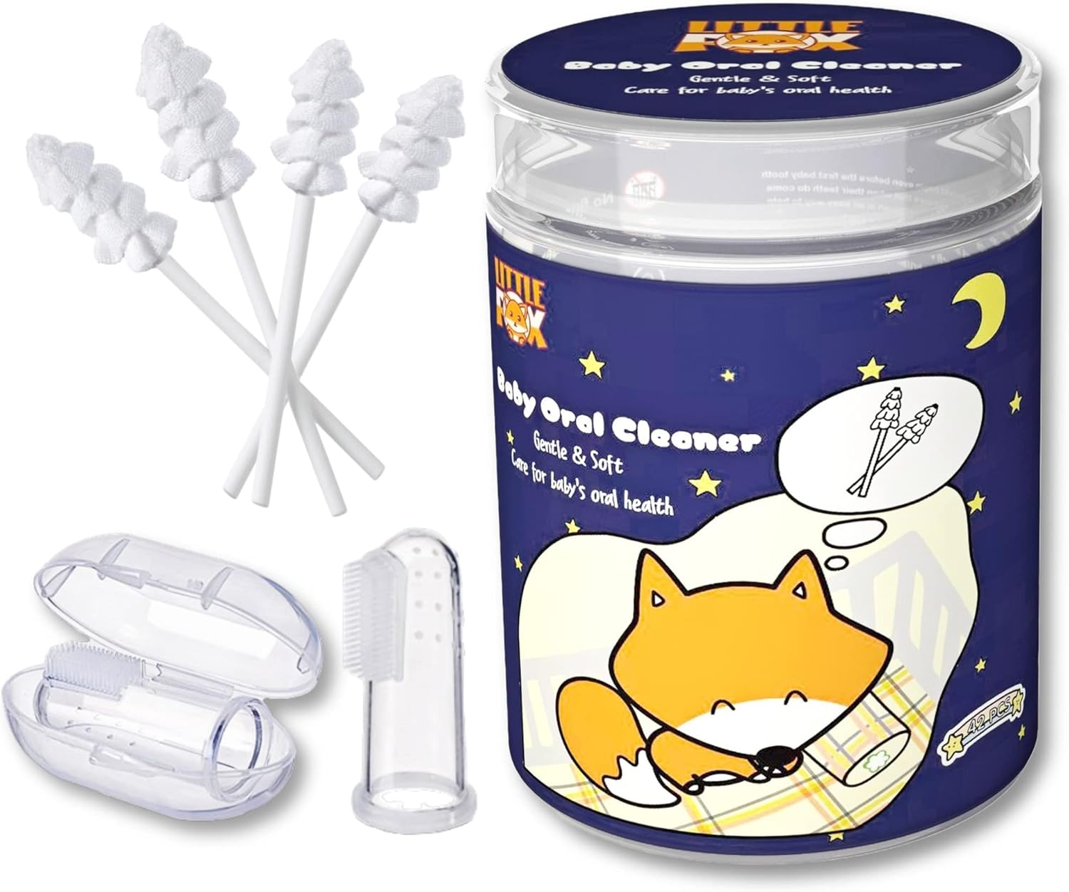 Little Fox Baby Oral Cleaner 42Pcs [Upgrade Designed] +1pc Free Finger Toothbrush with Case, Tongue, Mouth and Gums Cleaner, Newborn Toothbrush, Infant Oral Care and Cleaning for 0-36 Month Baby