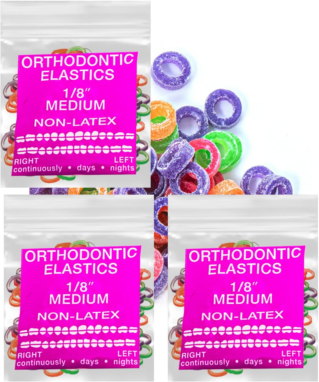 Neon non-Latex 3 Packs 300 counts 1/8inch Medium Intraoral Elastic Bands Orthodontic Elastics Dental Rubber Bands Made in US (Medium [4.5oz], 1/8inch, 3.2mm)