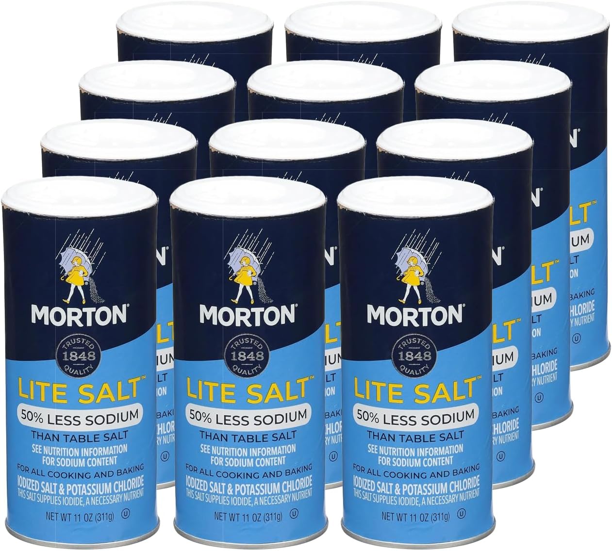 Morton Lite Salt, 11 Ounce Canister (Pack of 12)