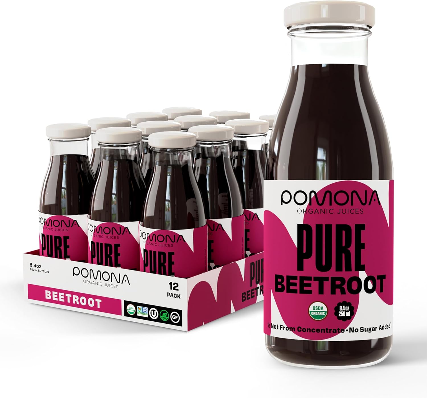 Pomona Organic Cold Pressed Beet Juice, Non-GMO, No Sugar, Gluten Free, Kosher, Preservative Free - Pack of 12, 8.4 oz