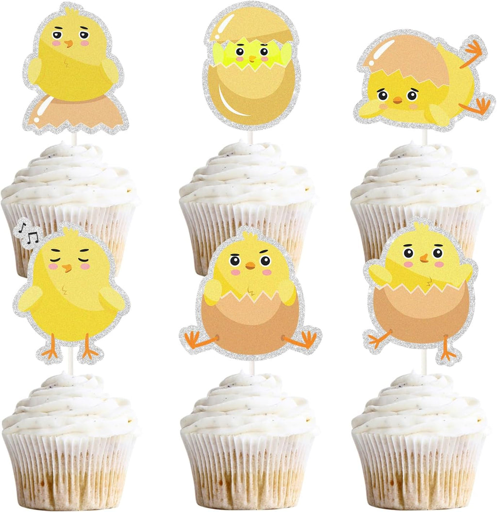 Chick Dessert Cupcake Topper,18pcs Farm Animal Baby Shower Decorations,Little Chick Sign Kids Easter Party Favors