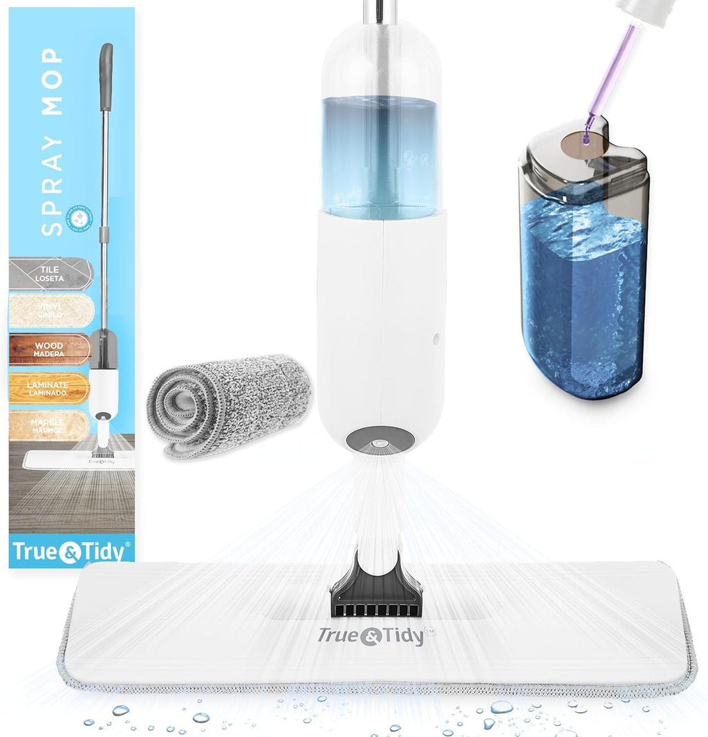 True & Tidy® SPRAY-250 Multi-Surface Spray Mop with Refillable Water Bottle for Floor Cleaning, Works on Wood, Tile, Marble etc, Use Any Cleaning Solution, Machine Washable Microfiber Mop Pads, White