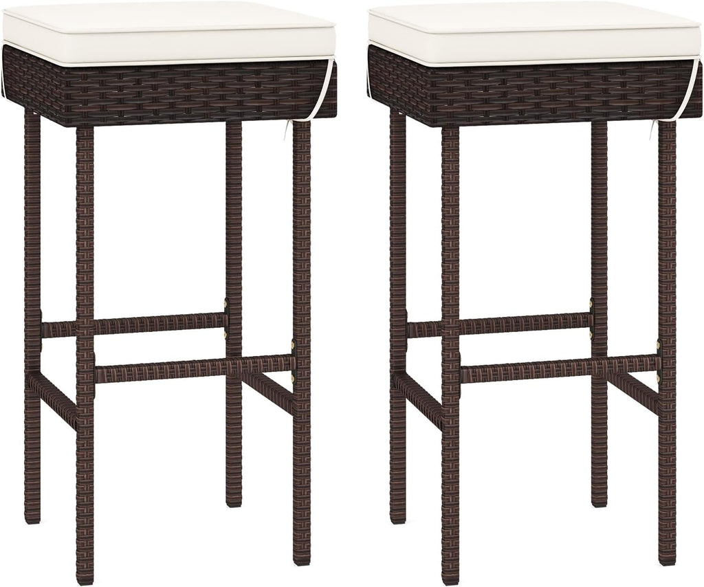 Tangkula Patio Rattan Barstools Set of 2, Outdoor Wicker Bar Height Chairs with Footrest & Soft Cushions, Heavy-Duty Metal Frame, Cushioned Barstools for Backyard, Balcony
