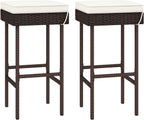 Tangkula Patio Rattan Barstools Set of 2, Outdoor Wicker Bar Height Chairs with Footrest & Soft Cushions, Heavy-Duty Metal Frame, Cushioned Barstools for Backyard, Balcony