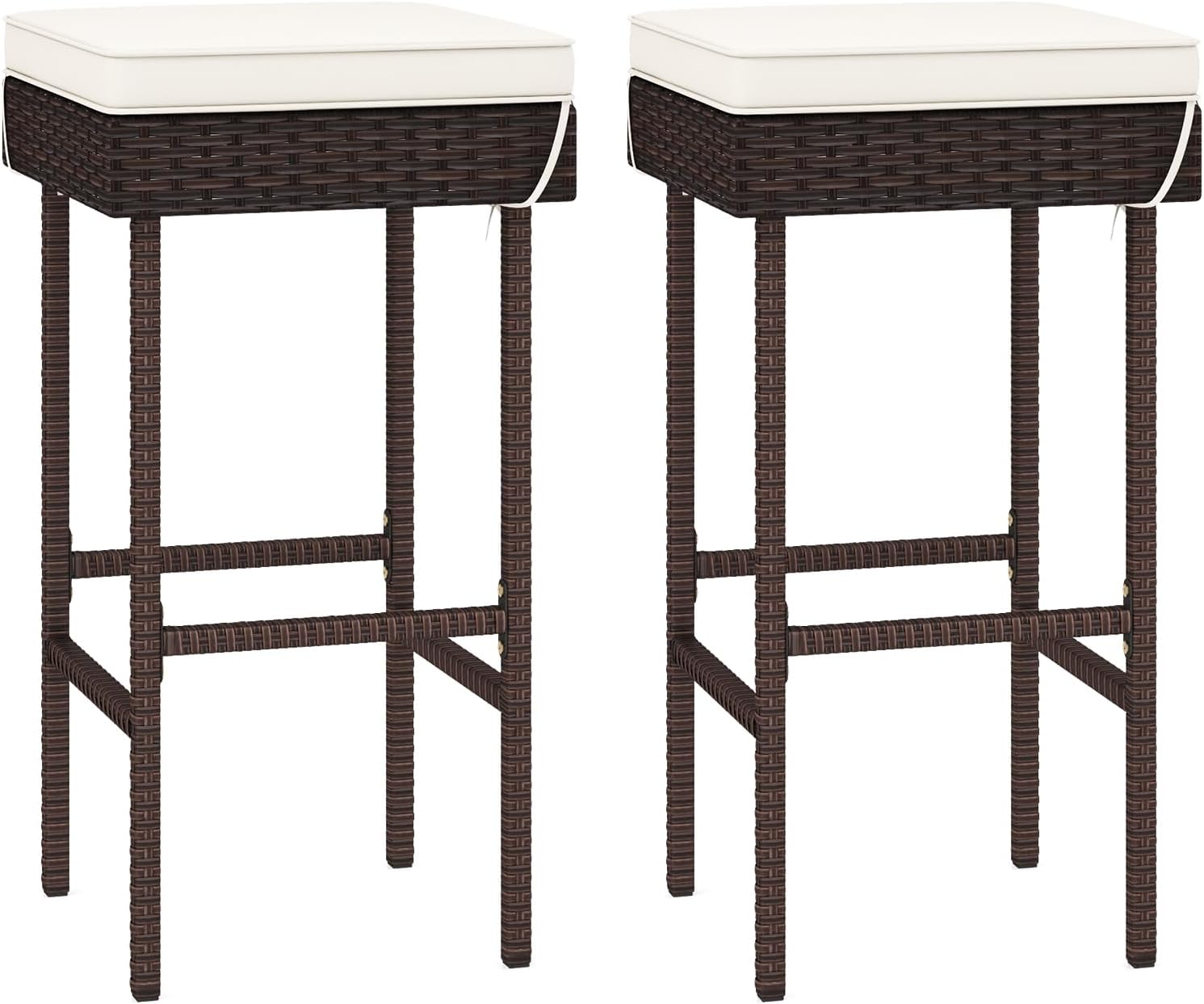 Tangkula Patio Rattan Barstools Set of 2, Outdoor Wicker Bar Height Chairs with Footrest & Soft Cushions, Heavy-Duty Metal Frame, Cushioned Barstools for Backyard, Balcony