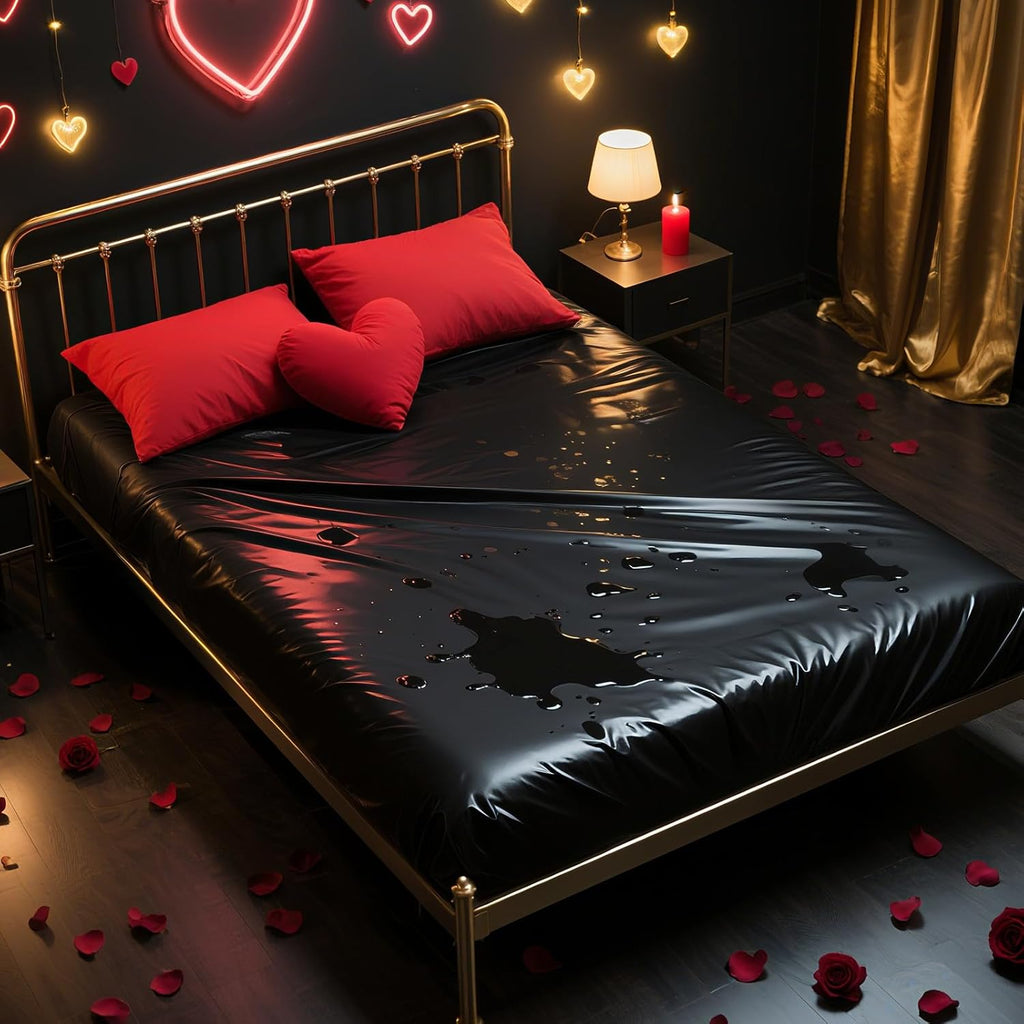 Black Vinyl Queen Mattress Protector Waterproof for Essential Oil Massage Spa, Fits 80x60in (203x152cm), Wipe Clean PVC Mattress Cover Stain & Water Proof Bed Cover Queen Fitted Sheet for Nuru Massage