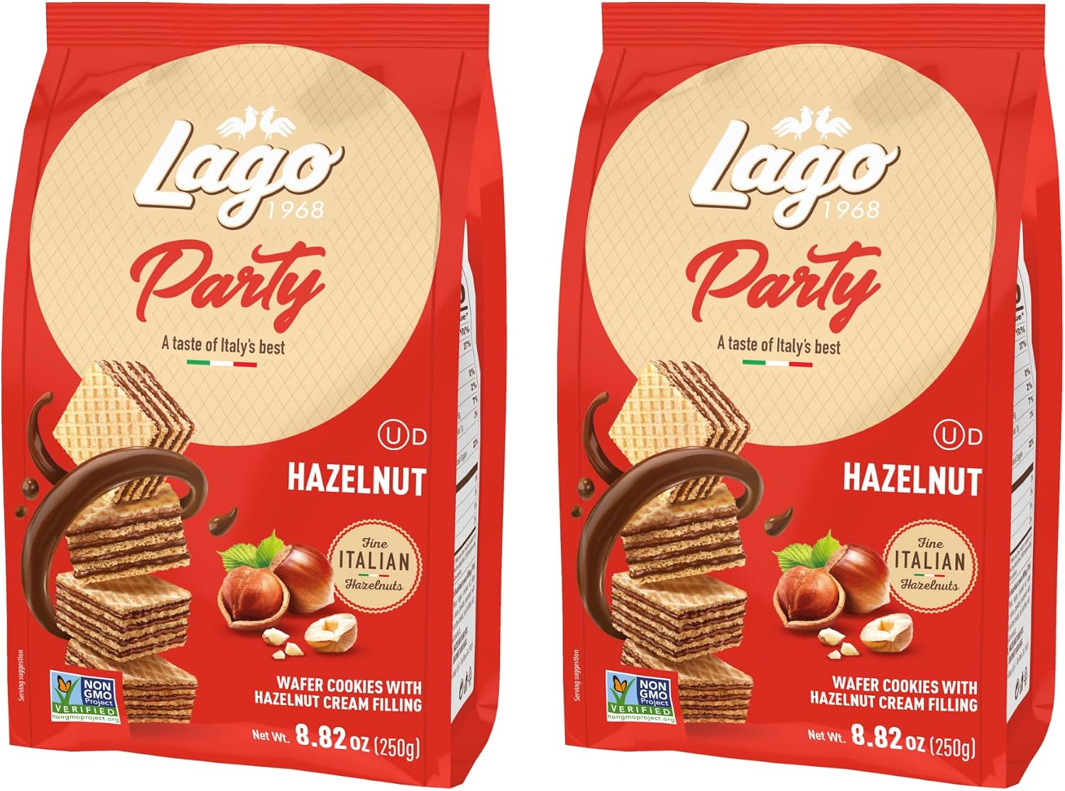 Gastone Lago Party Wafers Hazelnut Cream Filling 8.82 oz, 250g (Pack of 2) (Hazelnut, 2-Pack)