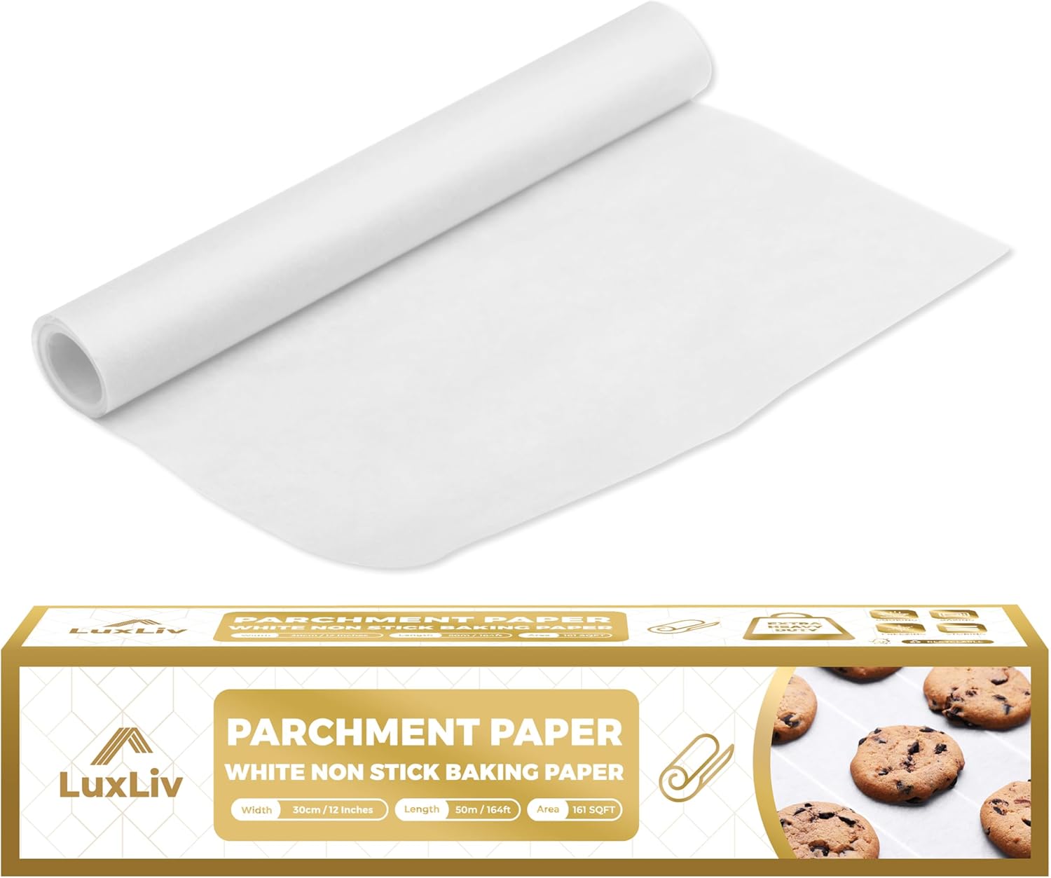 LuxLiv® 12 in x 164 ft White Parchment Paper Roll for Baking – Non-Stick Greaseproof Baking Paper, Cooking & Air Fryer Paper, Sourdough Bread Baking Supplies, Extra-Thick & Easy-Tear Roll